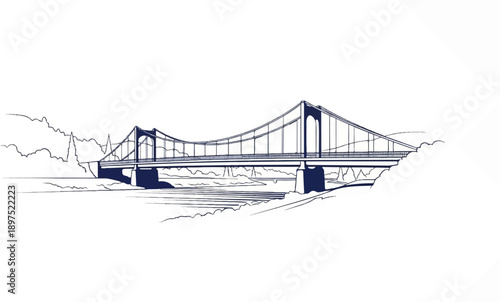 A stylized sketch of a suspension bridge spanning a river, with surrounding hills