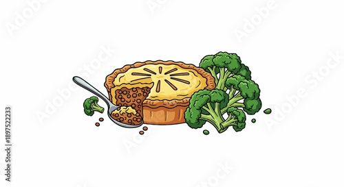 Savory pie with flaky crust and fresh broccoli served with a spoon