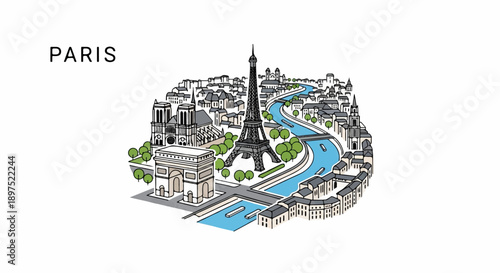 A charming illustrated map of Paris showcasing iconic landmarks like the Eiffel Tower and Notre Dame Cathedral
