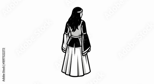 Woman in medieval-style dress, seen from behind. Black hair, flowing gown