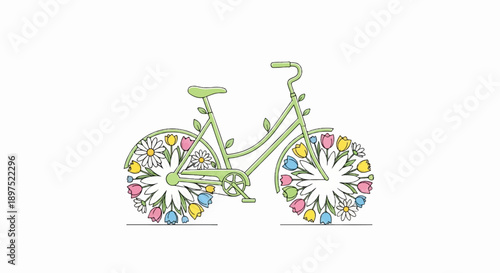 A green bicycle adorned with colorful spring flowers, forming its wheels and frame