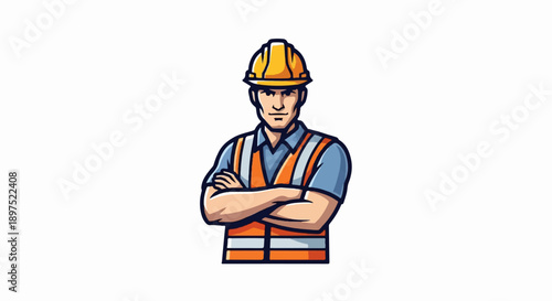 Confident construction worker with arms crossed wearing hard hat and vest