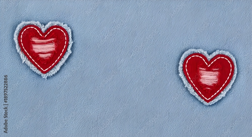 Fototapeta premium Red embroidered hearts on light blue fabric, Valentine's Day patch or appliqué, for mockup or overlay effect