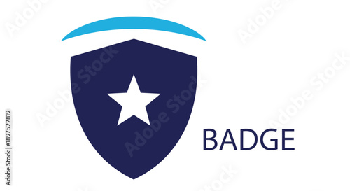 A blue and white shield shaped badge with a star and the word badge