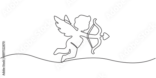 Cupid with bow and arrow continuous line drawing. One line art of love, relationship, lovers, wings, fly, feelings, angel, cupid, protector of lovers, symbolism, valentine., pro