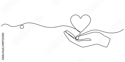Hands holding heart continuous one line art drawing. Continuous one line drawing of Hand holding a heart vector illustration.  One continuous line drawing of hand holding heart