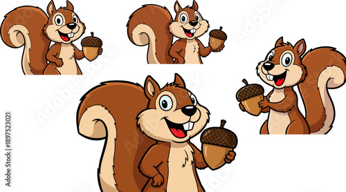 Collection of happy cartoon squirrel characters holding delicious brown acorns showcasing different poses and expressions isolated on a black background for design use