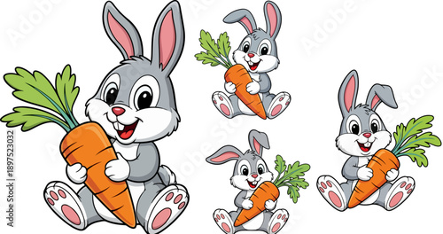 Adorable cartoon grey bunnies are joyfully clutching and holding large, fresh orange carrots in this playful illustration design element