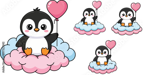 Adorable cartoon penguin characters sitting happily on fluffy pink and blue clouds while holding sweet heart shaped balloons perfect for valentines day design elements.