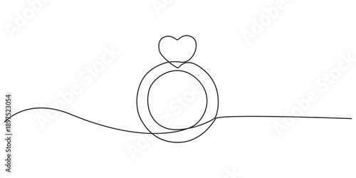 Continuous one line drawing of engagement or wedding ring in the gift box. Editable line vector, Diamond engagement ring in open jewelry box continuous one line drawing vector illustration