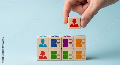 Hand placing red silhouette man cube on row of diverse person and group blocks human resources recruitment