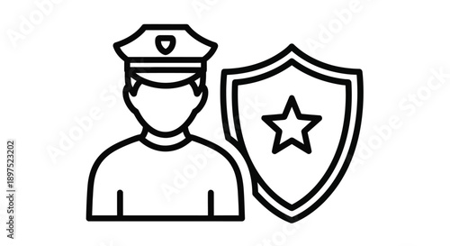 Line art depiction of a police officer with a shield and star emblem