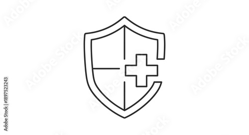 Simple black and white medical shield icon with cross symbol.