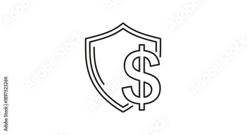 Dollar sign protected by shield icon simple line art.