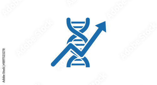 Blue DNA double helix with upward arrow symbolizing genetic progress and advancement.