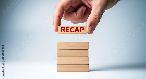 Hand placing wooden block with red text R E C A P on stack of blocks recap summary review conclusion