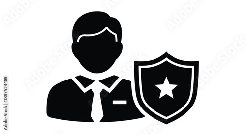 Black silhouette of a man in a suit with a shield icon beside him