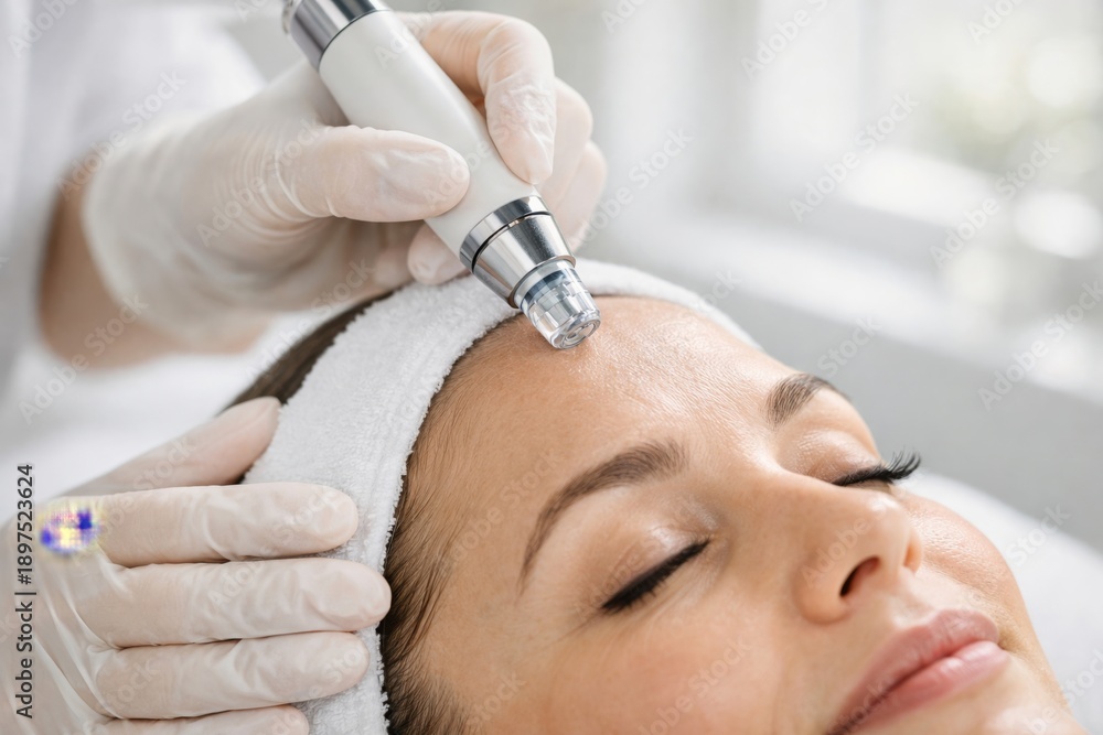Naklejka premium Serene Woman Submits to a Microneedling Treatment, Enhancing Her Skin's Texture and Brightness in a Bright, Calming Spa Environment