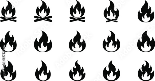 Collection of black flame icons with and without crossed logs on white background.