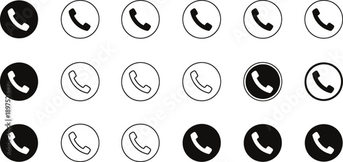 Collection of black and white telephone icons in various styles.