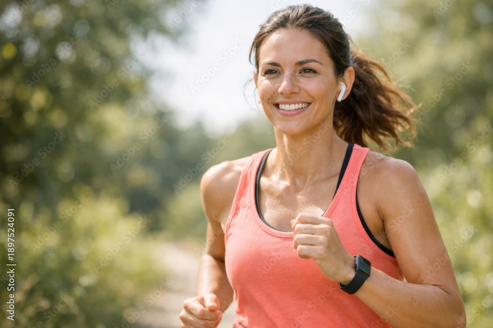 Fototapeta premium Smiling Young Woman Jogging Outdoors in Athletic Wear, Enjoying Her Workout in a Lush Green Environment