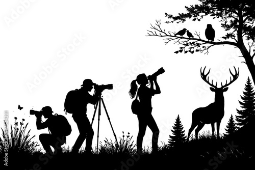 Silhouette of nature photographers watching deer and birds in forest scene.