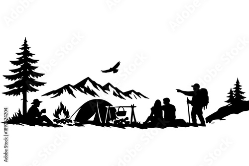 Silhouette of campers in mountain landscape with tent and campfire.