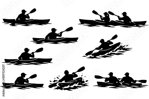 Silhouette collection of canoeists and kayakers in various action poses on water.
