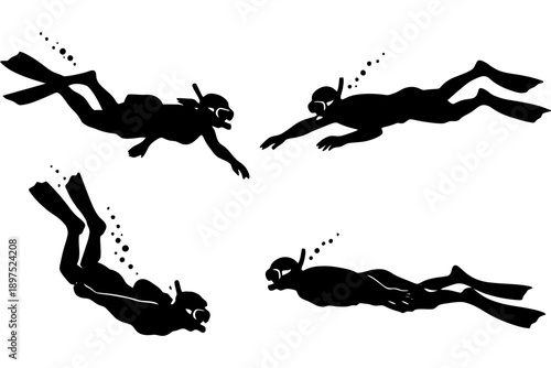 Silhouettes of scuba divers swimming underwater.