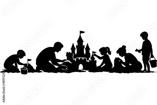 Silhouette of family building sandcastle at beach with children and adults playing.