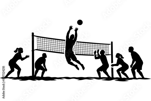 Silhouetted volleyball players competing in intense match outdoors.
