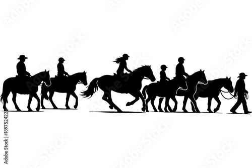 Silhouette of people riding horses: equestrian group on a scenic ride.