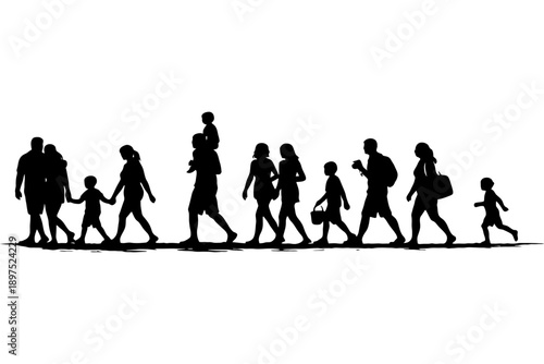 Diverse group of people walking silhouettes on white background.