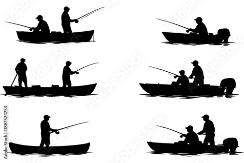 Silhouette of fishing activities in six boats on calm water.