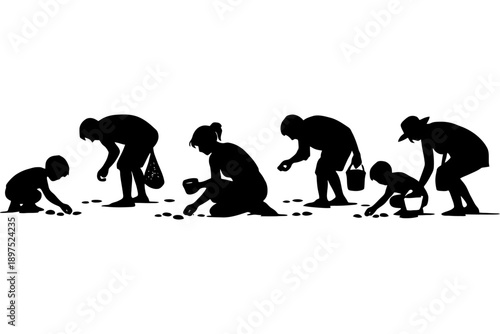Silhouettes of diverse individuals on beach shell scavenging hunt.