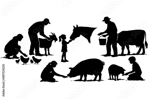 Silhouettes of farmers and animals in rural farm setting.