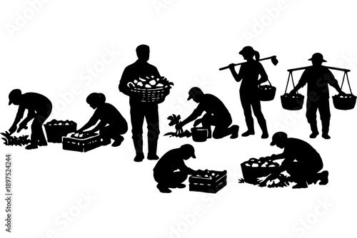 Silhouettes of diverse farmers harvesting and planting crops in various activities.