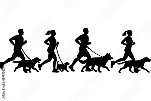 Silhouette of people jogging with dogs: dynamic outdoor exercise scene.