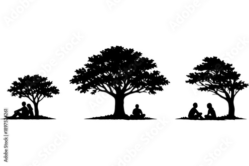 Silhouettes of people relaxing under trees in peaceful landscape scene.