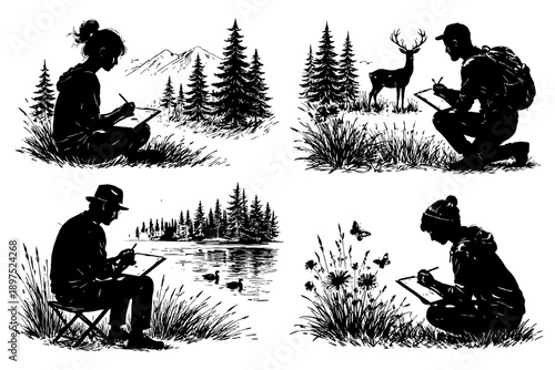 Silhouettes of people drawing nature scenes including animals and landscapes.