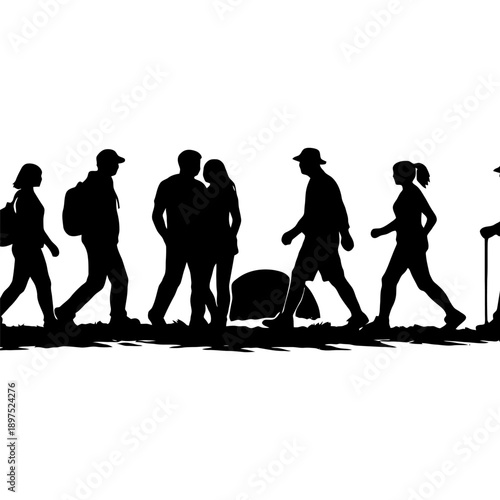 Silhouette of diverse people walking and interacting outdoors.