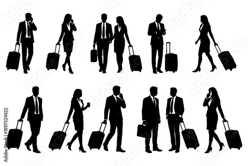 Business professionals silhouettes with luggage in motion.