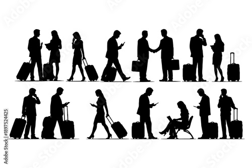 Silhouette of business travelers with luggage and devices in various poses.
