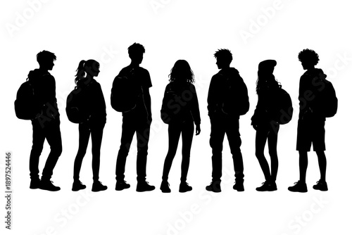 Silhouette of diverse teen group with backpacks standing together.