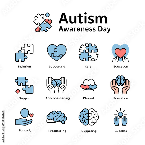 Autism Awareness Day Icon Set with Puzzle Pieces, Brain, Heart and Support Symbols
