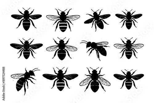 Collection of black silhouette bees in various poses on white background.