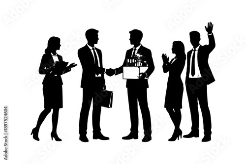 Business team farewell celebration: colleagues shaking hands and applauding.