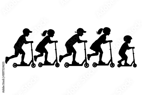 Silhouette of children riding scooters in sequence.