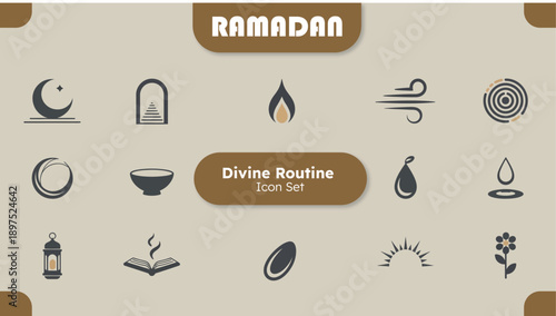 Collection of various spiritual and natural elements icons representing a divine routine for religious observance and fasting times.