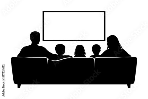 Silhouette of family watching tv on couch.